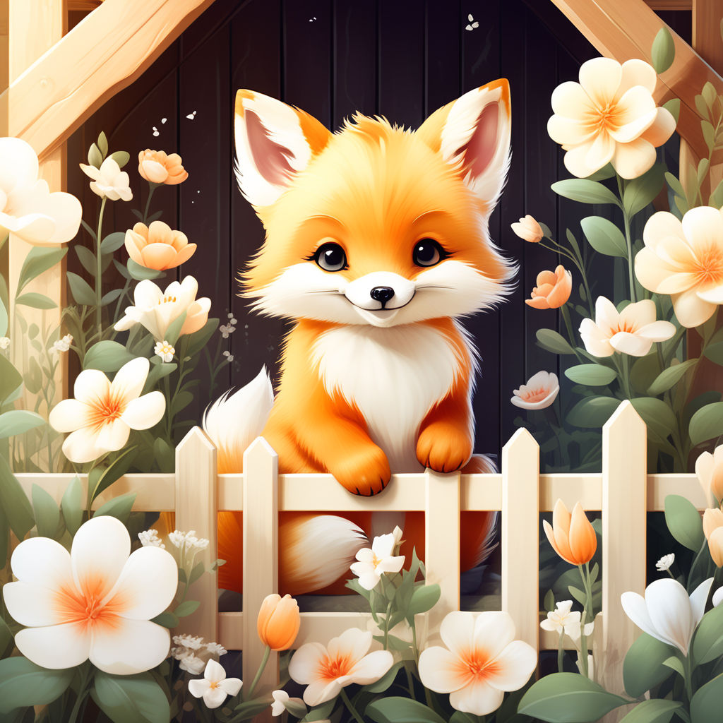 Cute Kawaii Fox Sticker. Happy Little Fox Wearing Deer Horns on