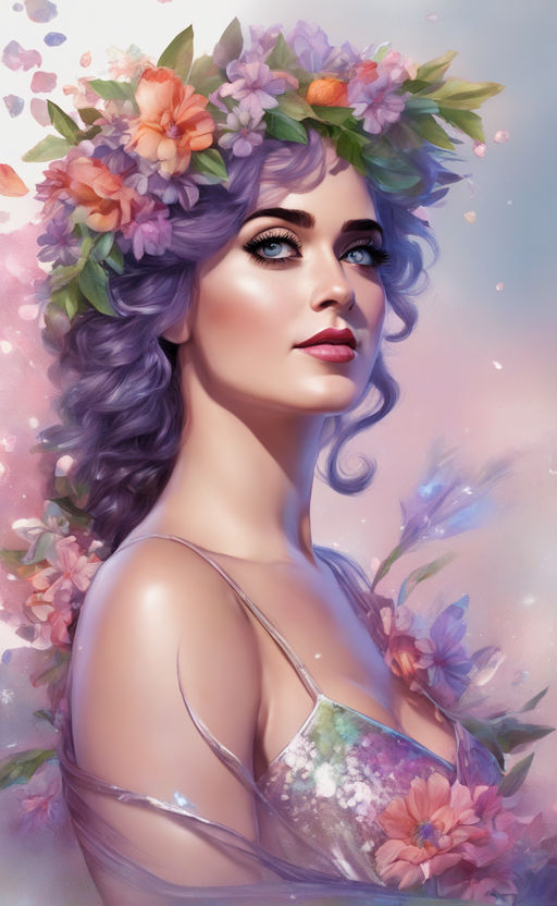 Prompt: A caucasian Roman woman who looks like Katy Perry with a wreath of flowers and flowers running down her shoulder and between her bare breasts. cleft chin.   Left breast exposed. Very beautiful.   Dressed in a shere sola., Broken Glass effect, no background, stunning, something that even doesn't exist, mythical being, energy, molecular, textures, iridescent and luminescent scales, breathtaking beauty, pure perfection, divine presence, unforgettable, impressive, breathtaking beauty, Volumetric light, auras, rays, vivid colors reflects