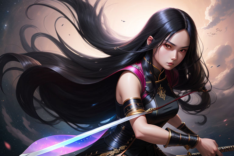 Anime Woman Warrior na paisagem japonesa · Creative Fabrica