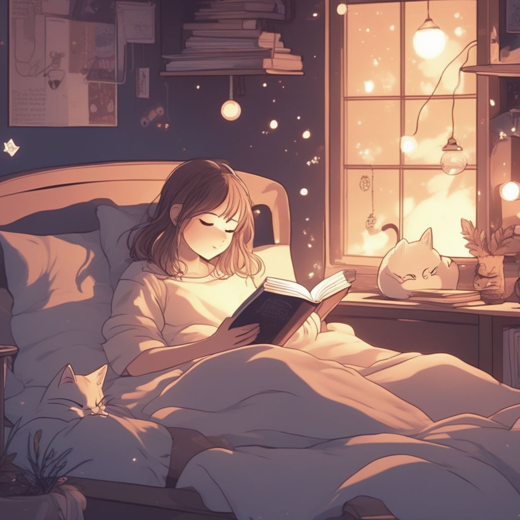 anime girl reading a book in bed