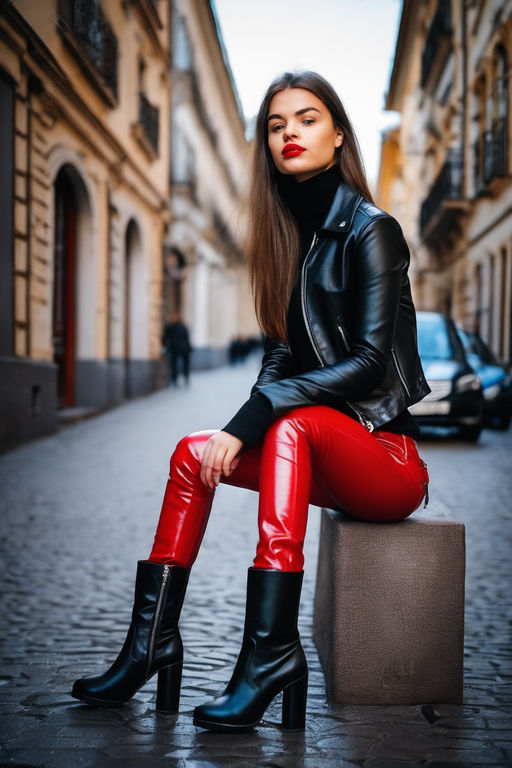 red leather boot black leather leggings Full body picture Face