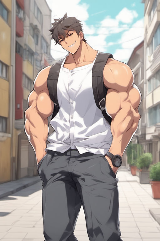 bleak-frog994: anime teenage male character in open jacket with muscles in  2d style, muscles anime - thirstymag.com
