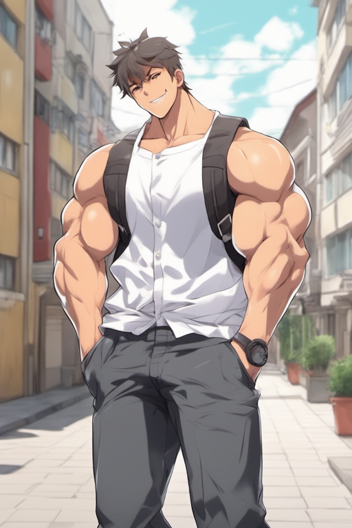 muscular anime man, showing his abs, UHD, 16K, Highl...