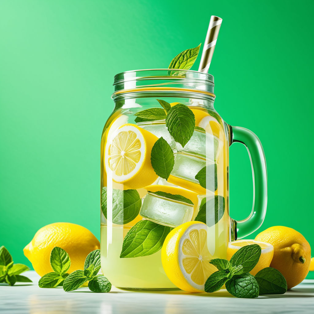 A variety of citrus cocktails vintage glass mason jars with mint