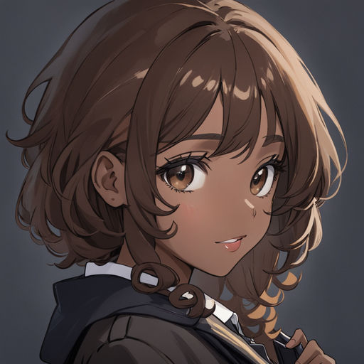 Draw girl in 90' anime style whit black curly hair and brown eyes