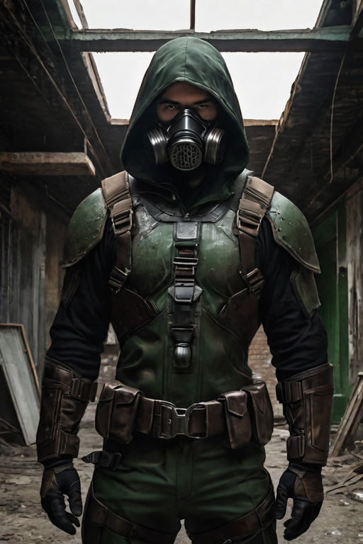 wearing old dirty handmade black and green apocalypse suit with