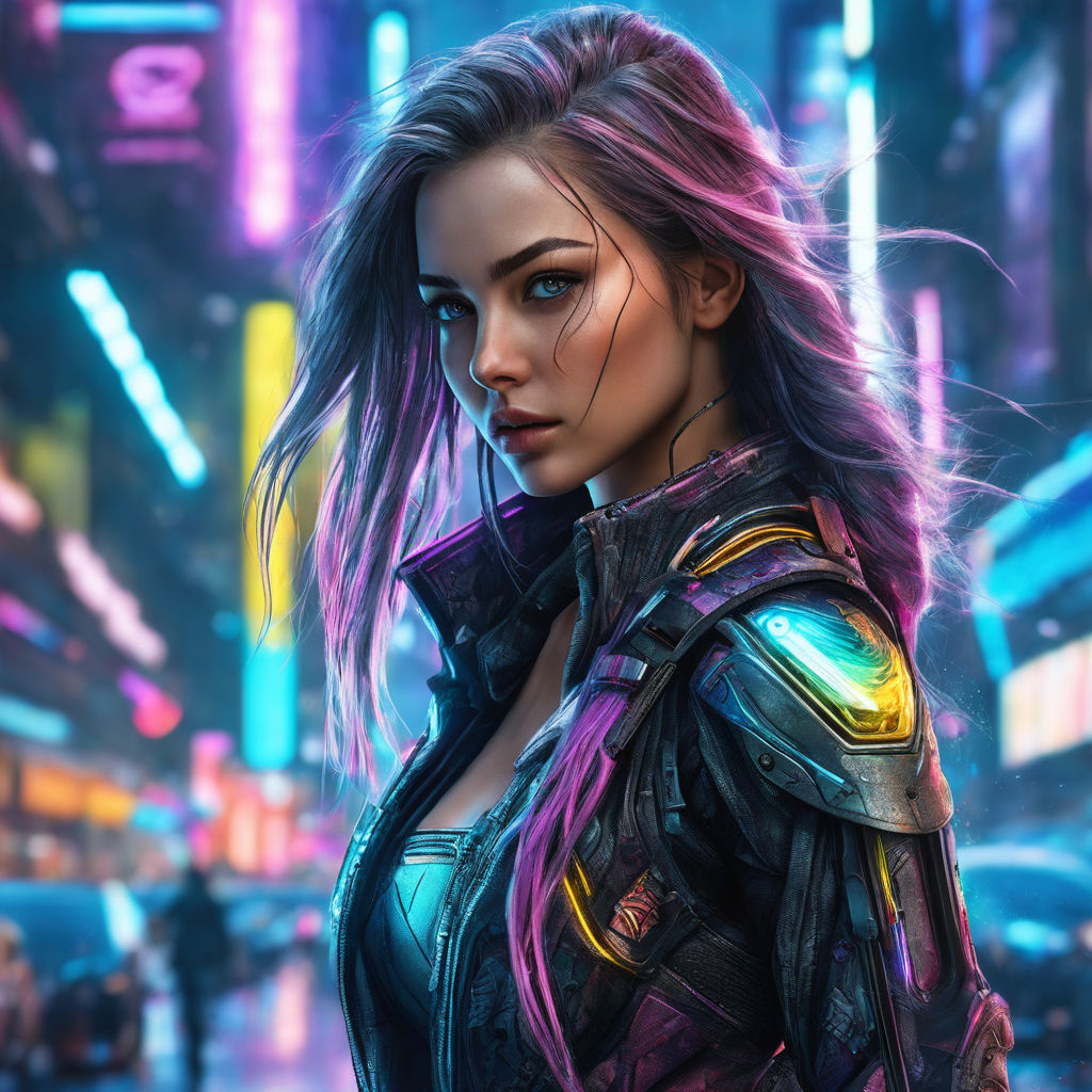 Beautiful Female Cyberpunk Girl on Futuristic Motorbike Octane