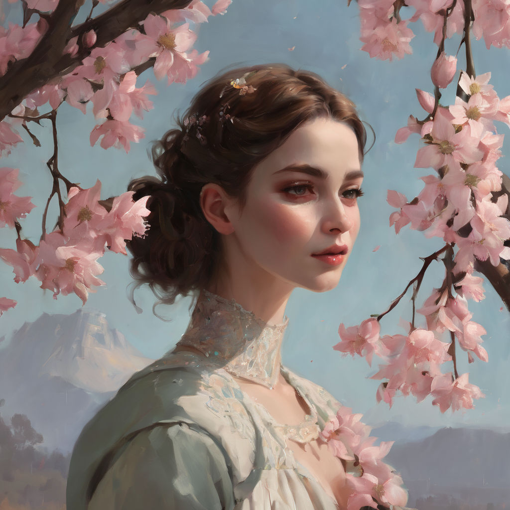 Download A girl surrounded by floating petals of cherry blossom