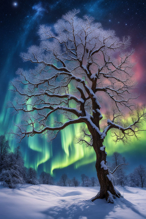 a painting of the aurora bore in the night sky with trees in the fo