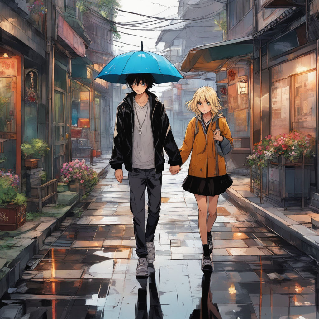 anime couple holding hands and walking