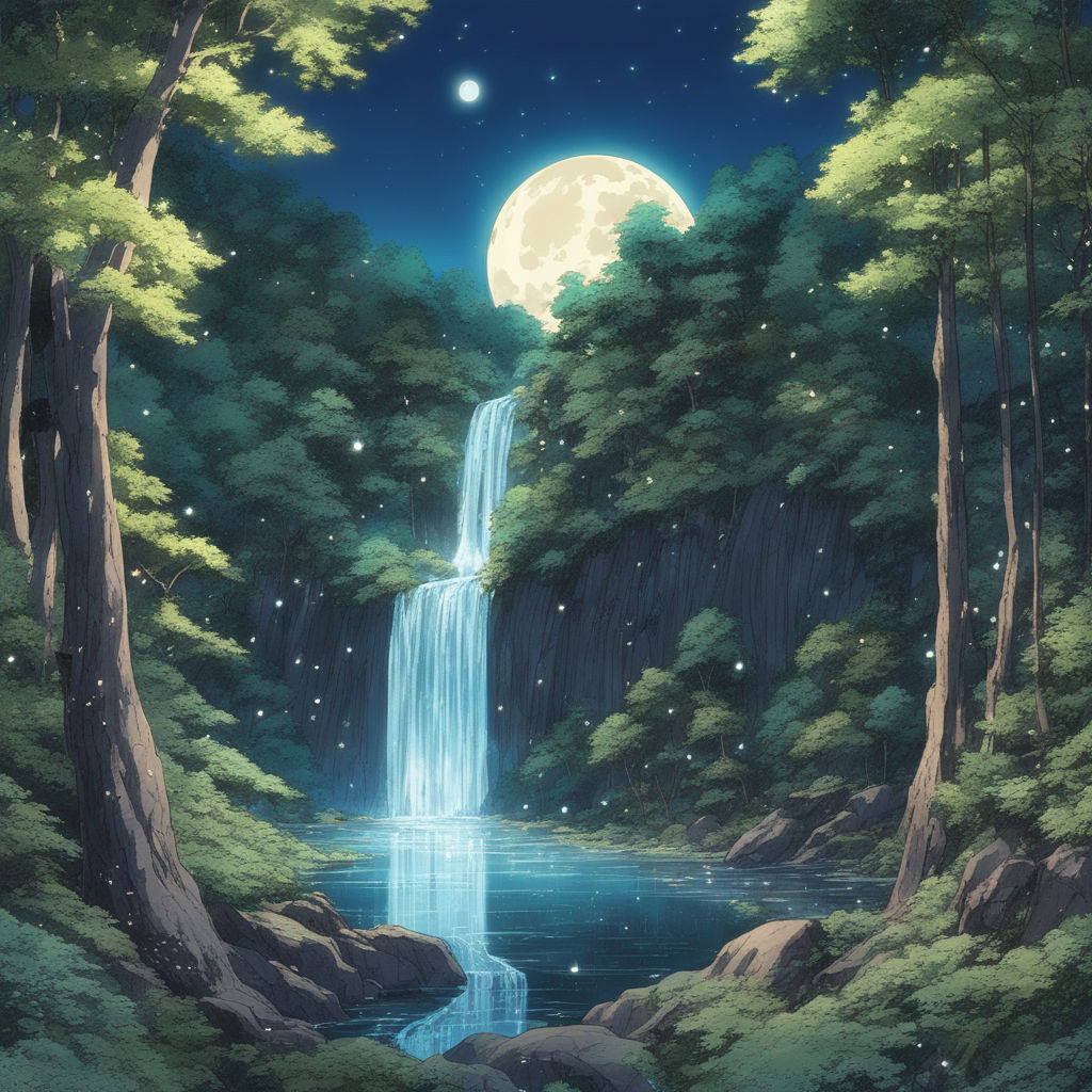 Aetherclockpunk Serenity: Moonlit Waterfall and Colorful Scenery