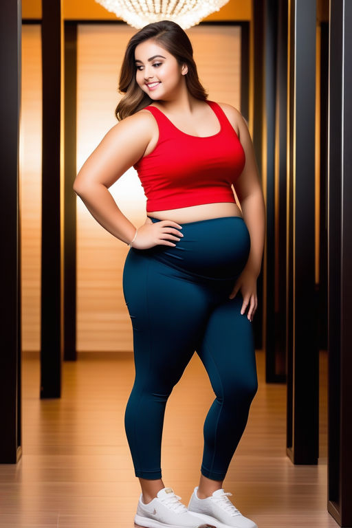 woman with large breast wearing a white tank top and yoga pants