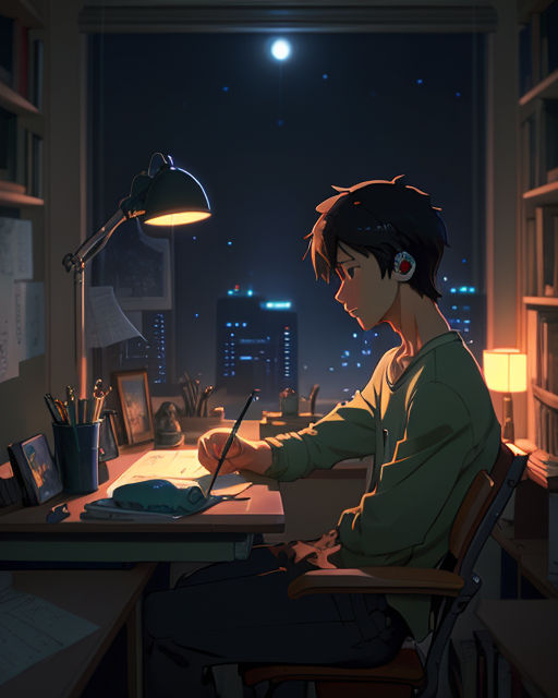 anime lofi girl listening to music and studying in a room  Playground AI