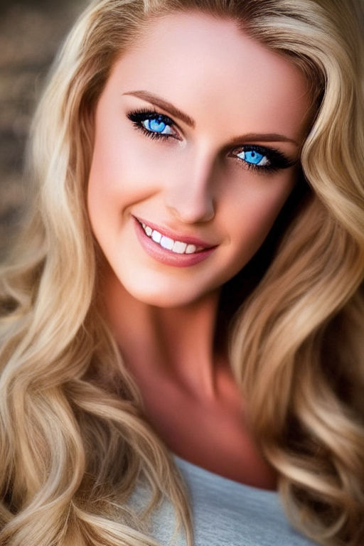 Woman, blond streight hair, big eyes, blue eyes, light skin, very