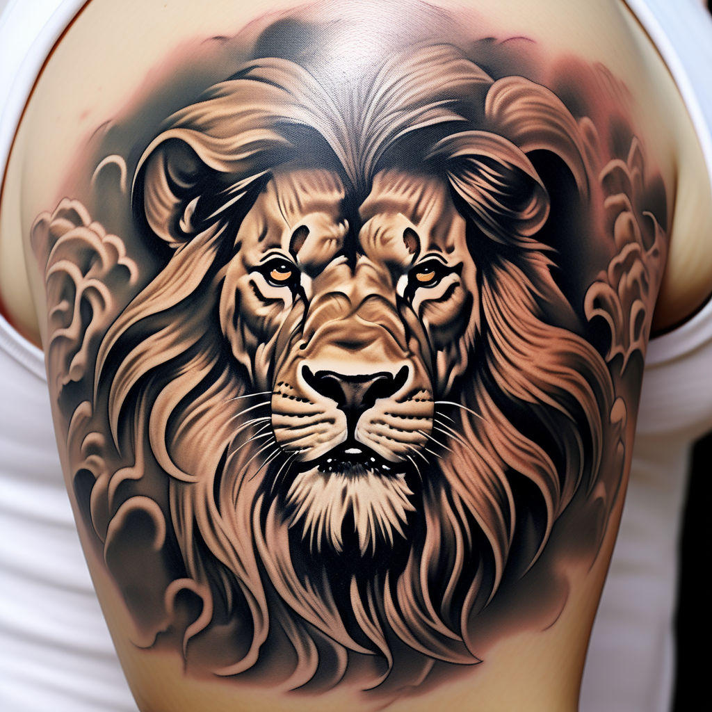 Lion and Butterfly Thigh Tattoo
