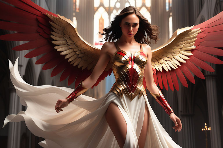 Prompt: Fallen angel woman, strikingly similar to a blend of Gal Gadot and Anne Stokes' artistry, dominating the frame in full body capture, wrapped in white dress shifting into a short red and gold armor dress, wings of magnificent scale unfurling behind her with an ethereal quality, amid the backdrop of a gothic church,  rendering comparable to a beauty pageant contestant's poised elegance, broken church windows, spider webs,  dark oak wood pews, Gothic architecture, blood