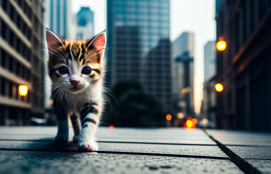 a cat wearing a coat and standing in the middle of a city street