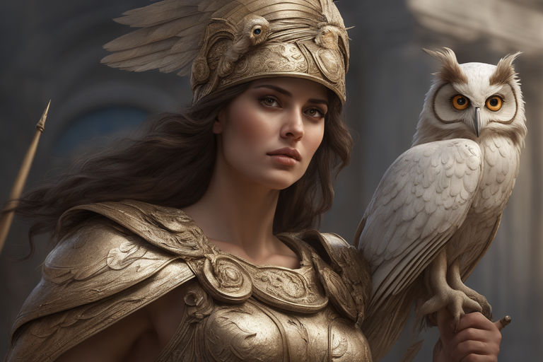 Greek goddess athena brown hair, greek helmet, owl on shoulder