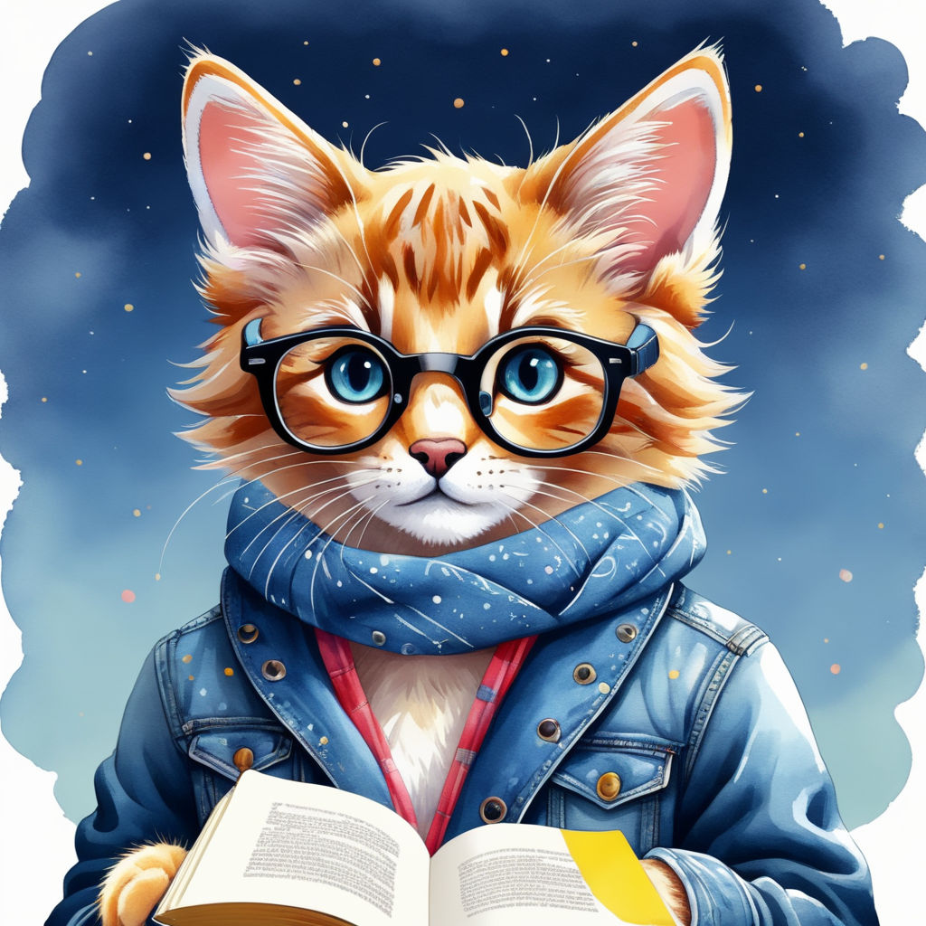 Illustration very cute cat wearing glasses reading book