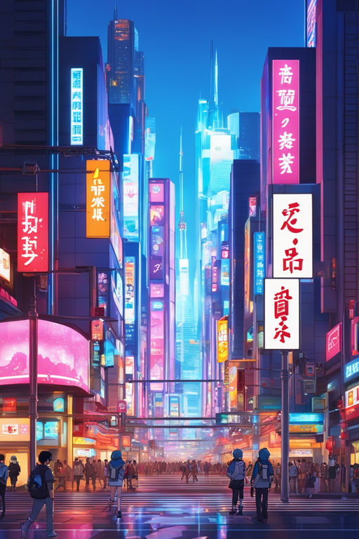 Create a stunning cinematic big anime wallpaper featuring a mesmerizing  futuristic cityscape with towering skyscrapers, vibrant neon lights  illuminating the bustling streets below, and an awe-inspiring anime  protagonist standing confidently at the