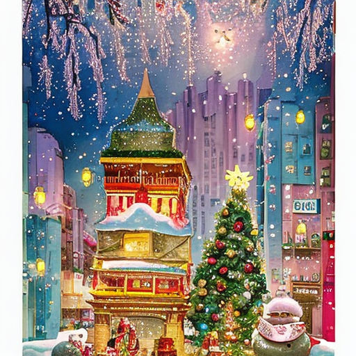 a christmas tree in a snowy city with snow flakes in the night   illustration  comic  anime  manga  painting Stock Illustration  Adobe  Stock