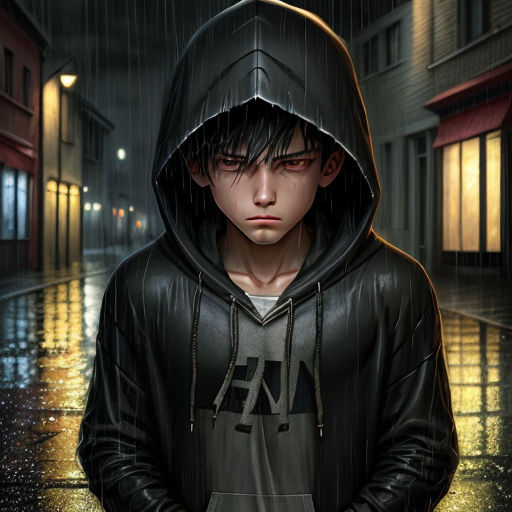 Dark anime guy in a rainy cityscape wearing a black hoodie