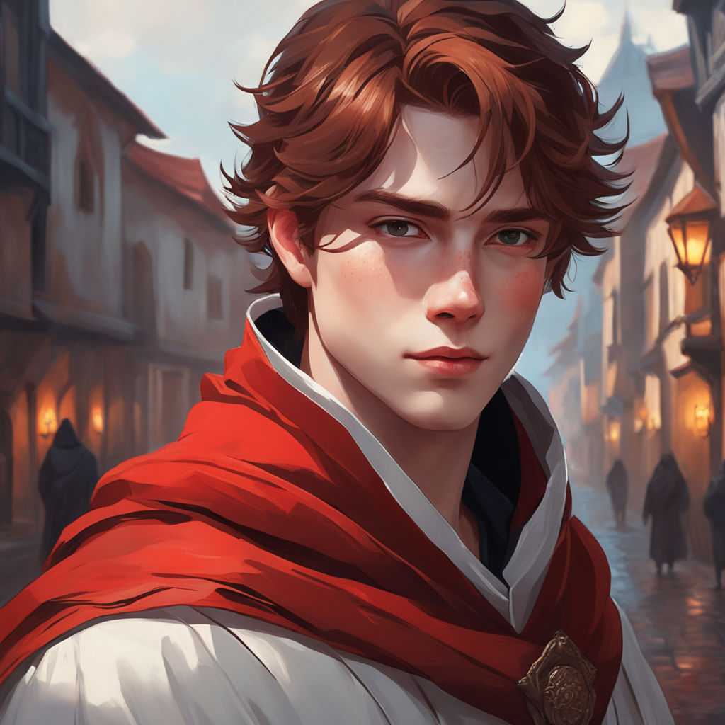 anime, fantasy medieval, boy, curly, chestnut brown hair, blue