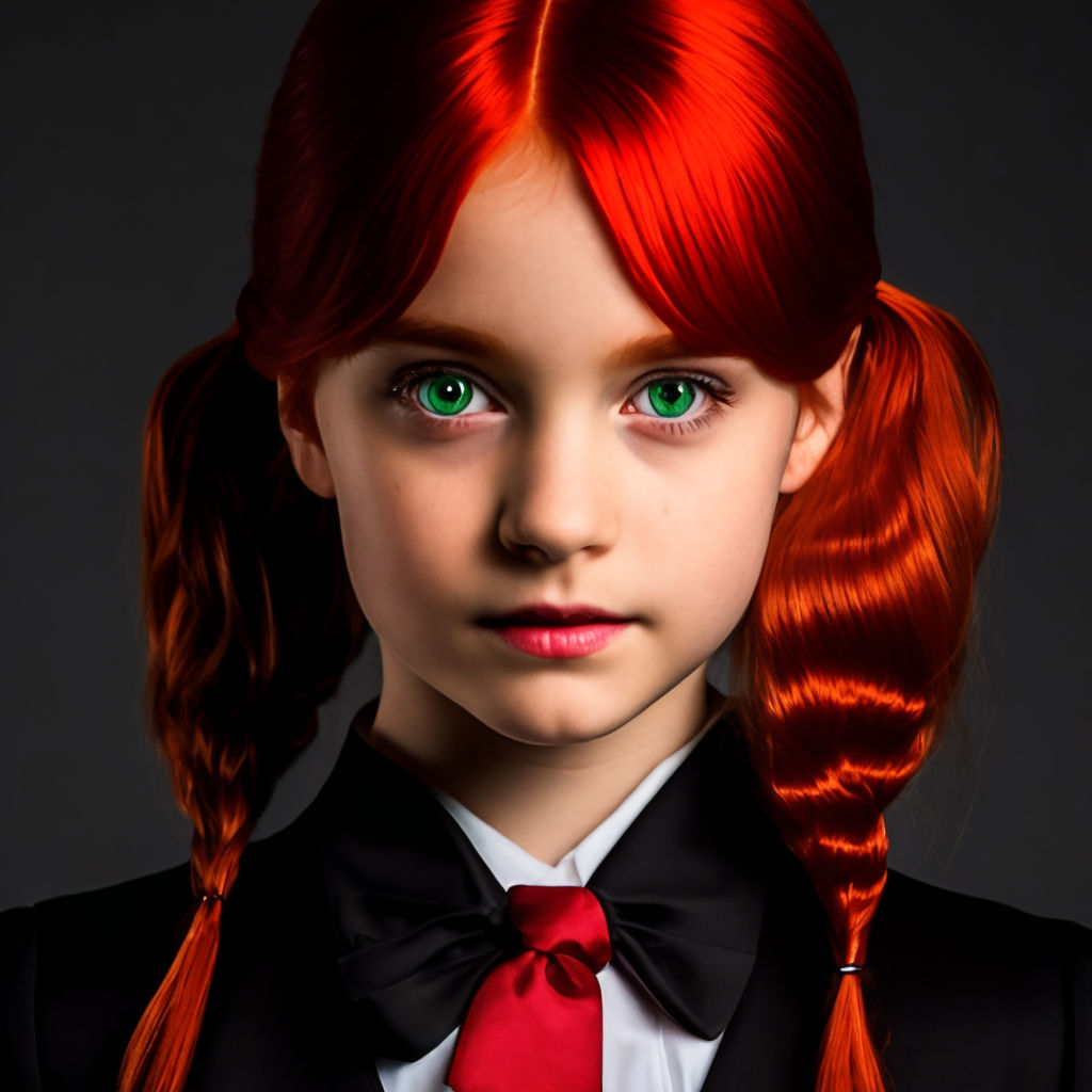 Cute little red-haired girl with hair in two ponytails,grey eyes