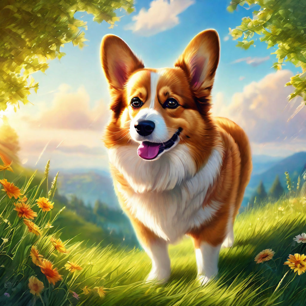 Concept art 2d corgi resting on a flower field, large game wallpaper,  farmville style, high quality on Craiyon