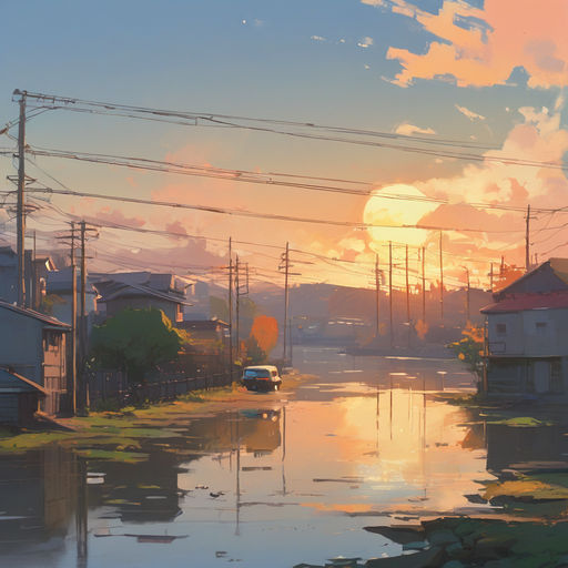 with a lavender and pink sky above. A gentle stream below reflects the  cat's silhouette. Render the scene in the detailed and emotive style of  anime artist Makoto Shinkai. - Playground