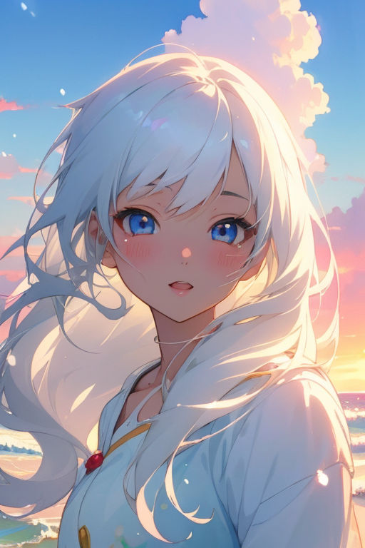 white hair, blue eyes, big boobs, bent over, bare shoulders, anime girls,  heels, sword