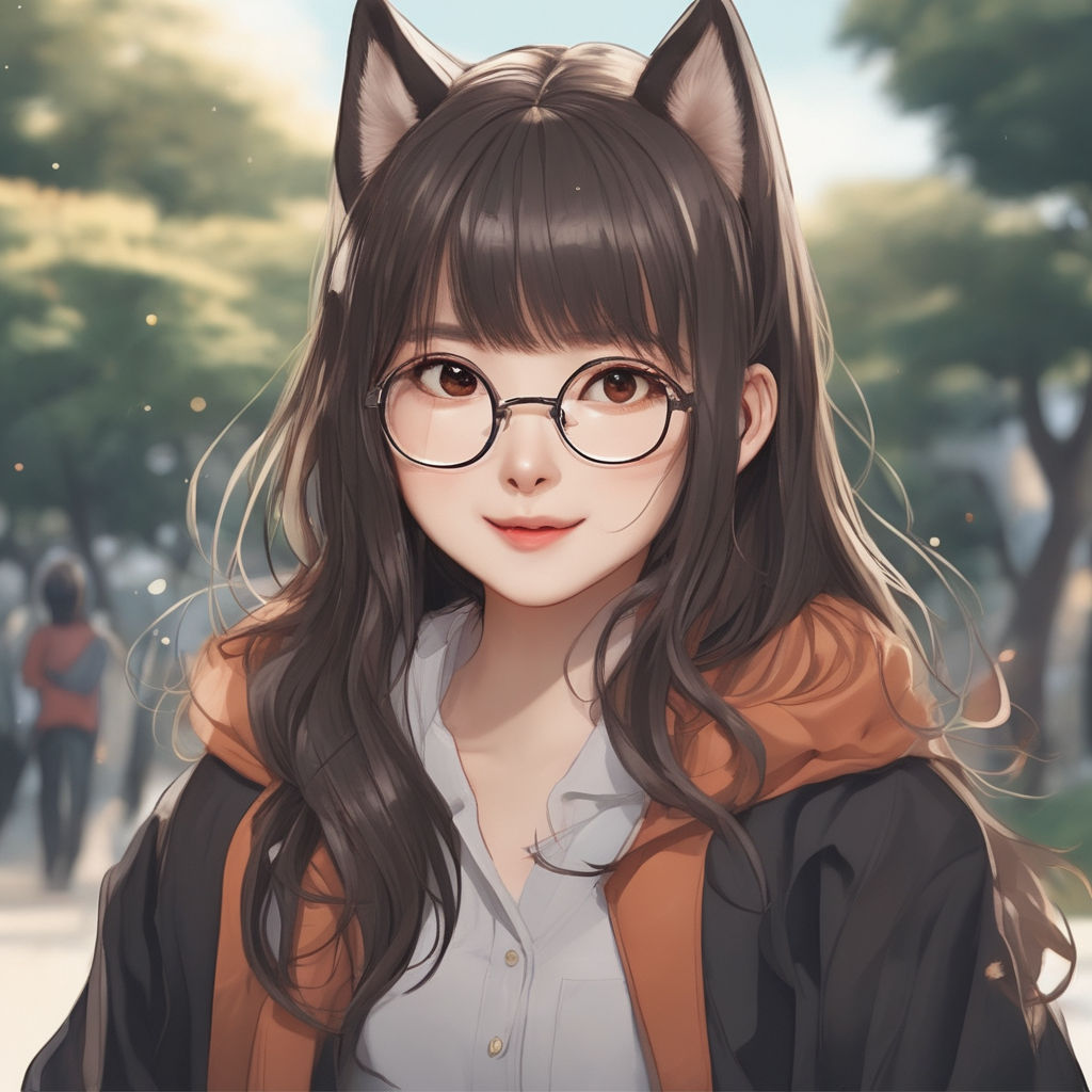 anime girl with black hair and glasses