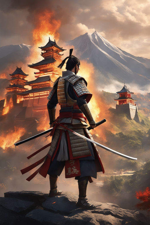 samurai fight with fire in the background