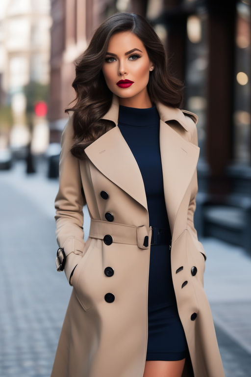 Woman posing in black pantyhose and beige trench on dark