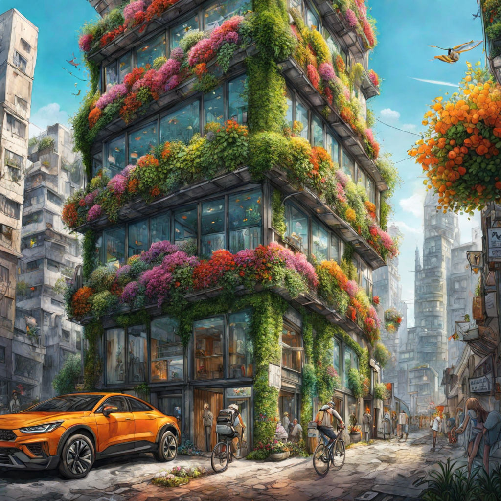 gorgeous solarpunk vibrant street with tall apartment