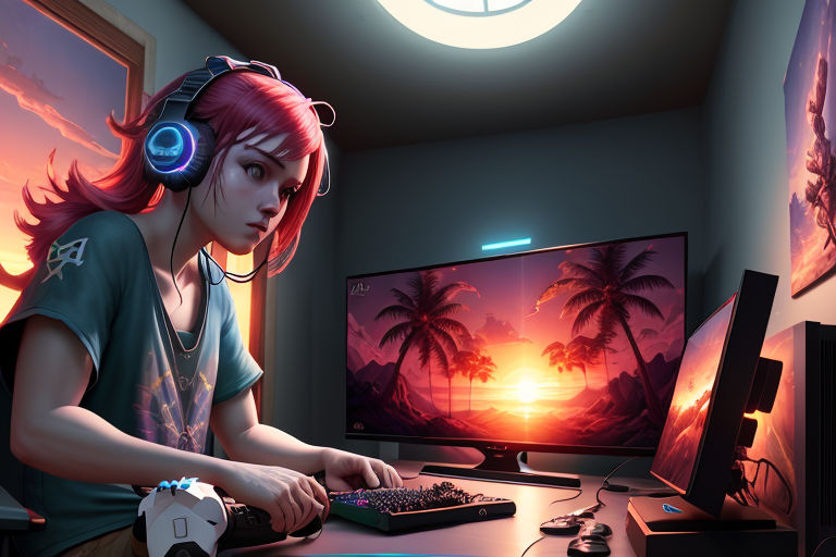 prompthunt: anime drawing of a gamer girl playing a game on her computer,  portrait shot of her face lit up by the monitor, dark atmosphere