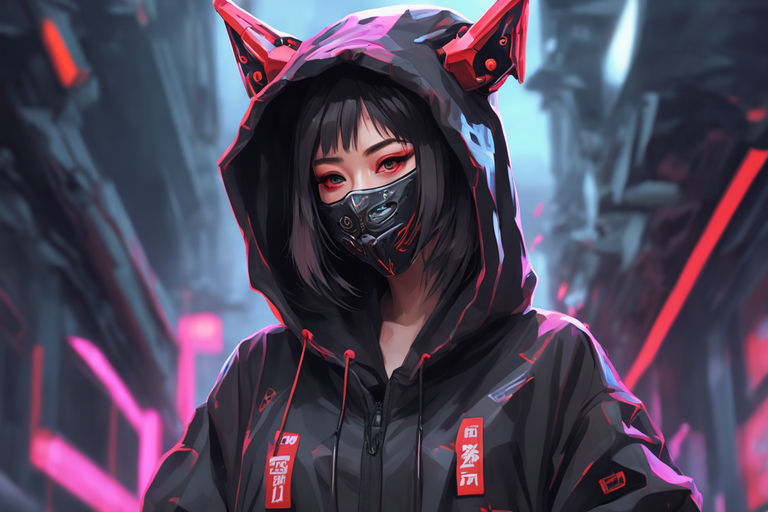 Cyberpunk Anime Girl Hiding in Red Hood · Creative Fabrica