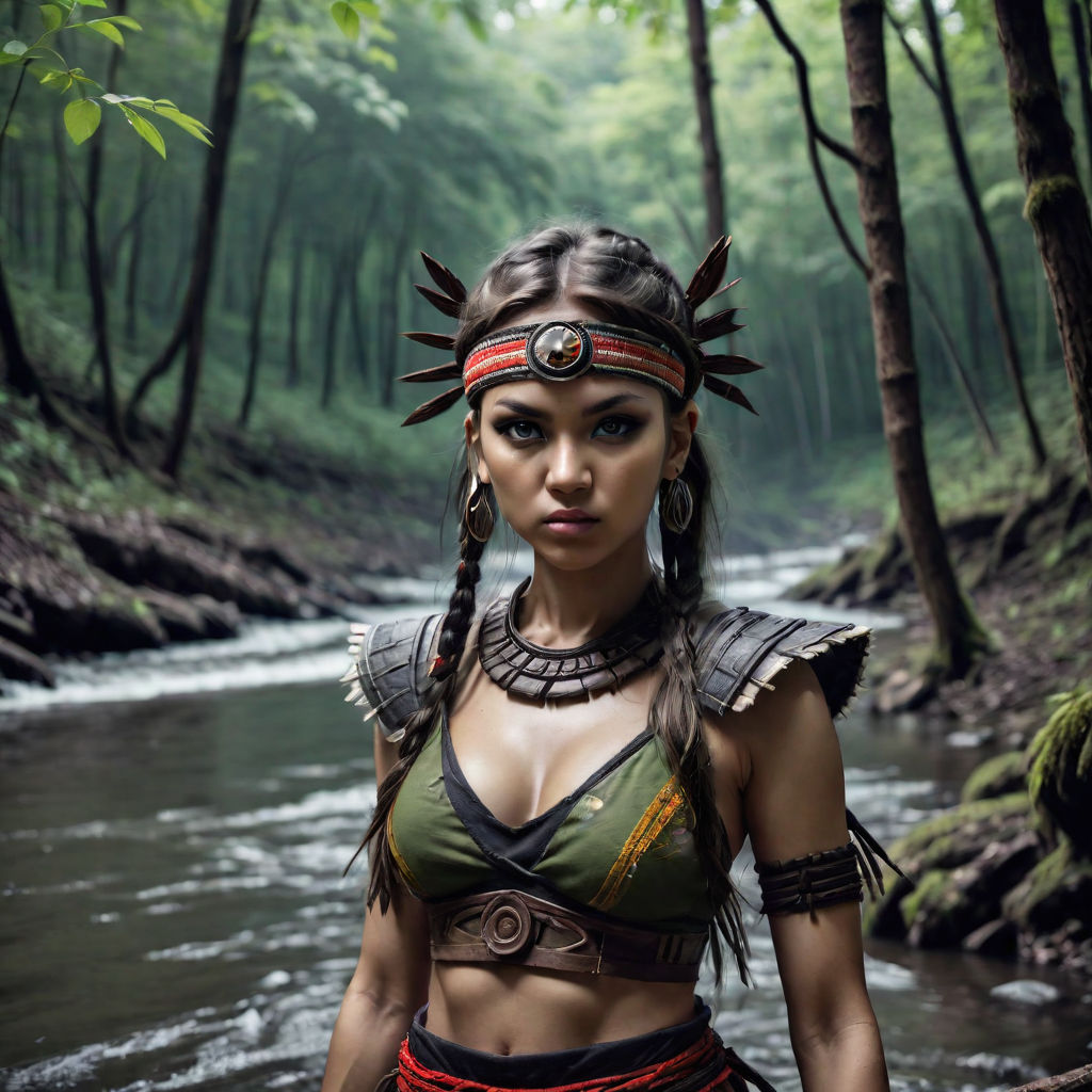 a female tribal warrior in the jungle, african. By, Stable Diffusion