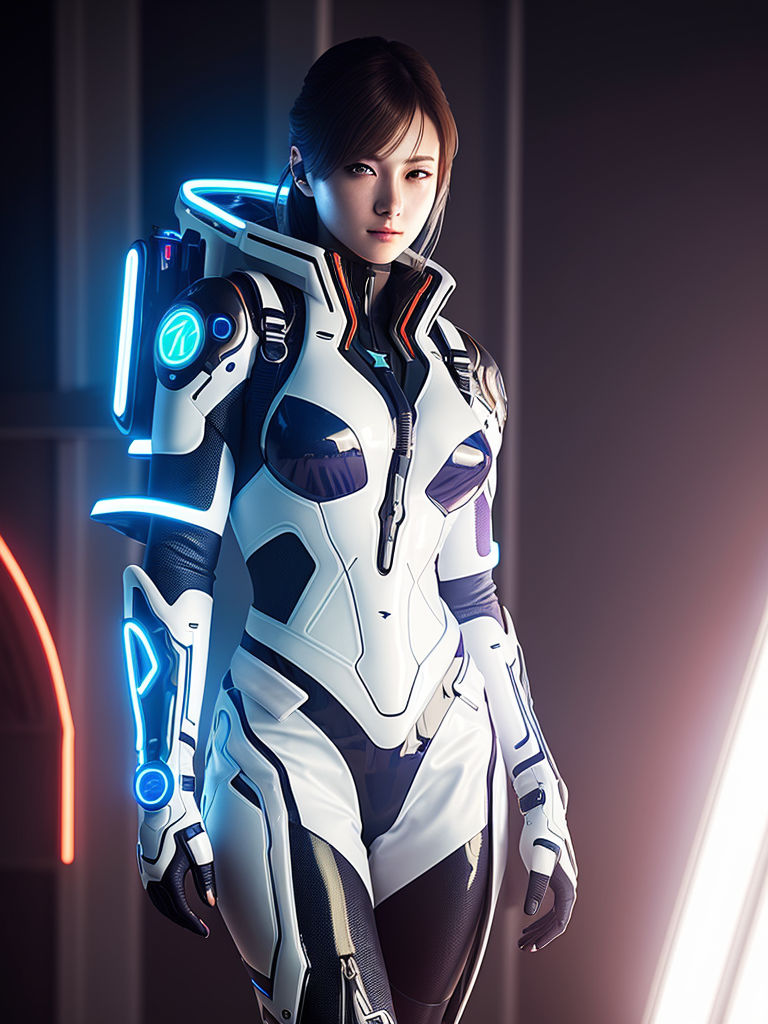 prompthunt: background is a cyberpunk rave with white neon light show,  beautiful woman with neon face paint wearing biomechanical bodysuit