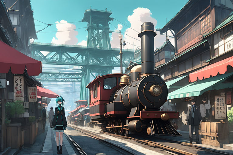 Premium AI Image | Cartoon train station with a train on the tracks and a  clock tower generative ai
