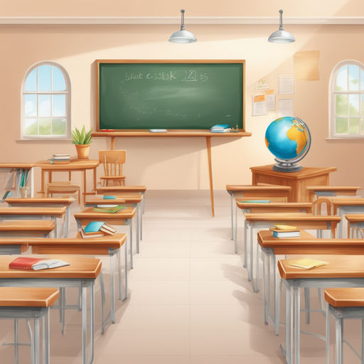 School classroom flat color vector illustration. Empty class with row of  desks and chairs. Space for studying and teaching. Middle school room 2D  cartoon interior with chalkboard on background Stock Vector