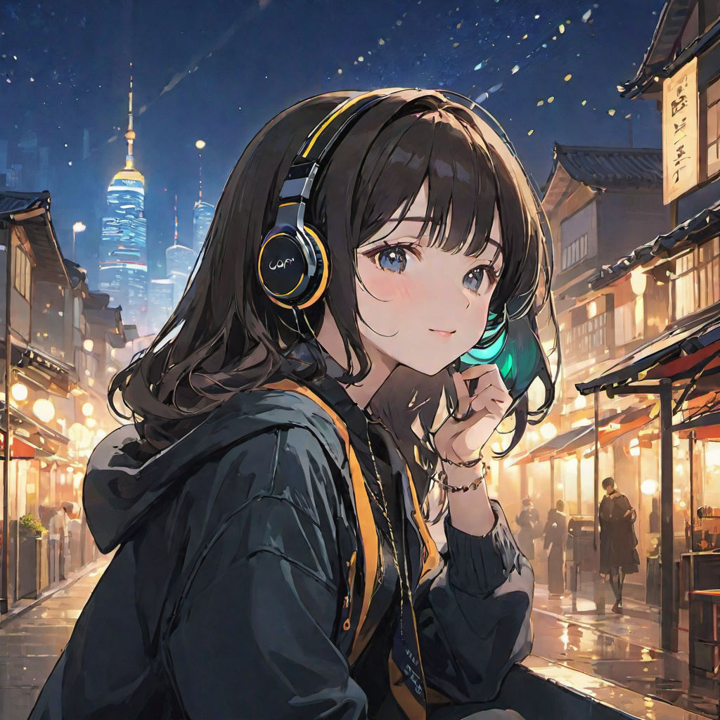 Kawaii Anime Girl Listening to Music · Creative Fabrica