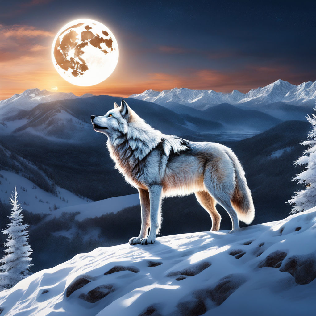 wolf sitting howling at full moon