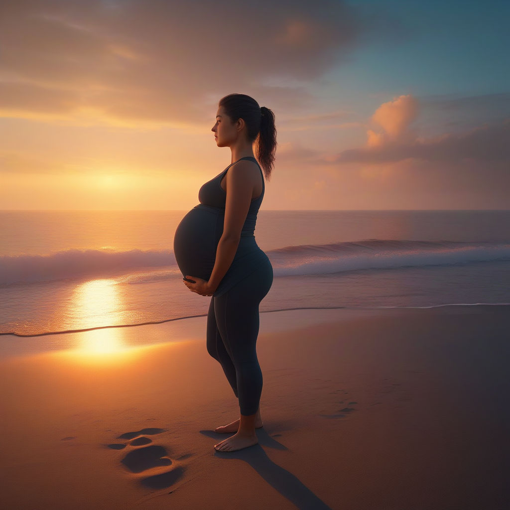 Pregnant woman with a supersized pregnant belly wearing a tight fitting yoga  suit and posing on a beach at sunset. - Playground