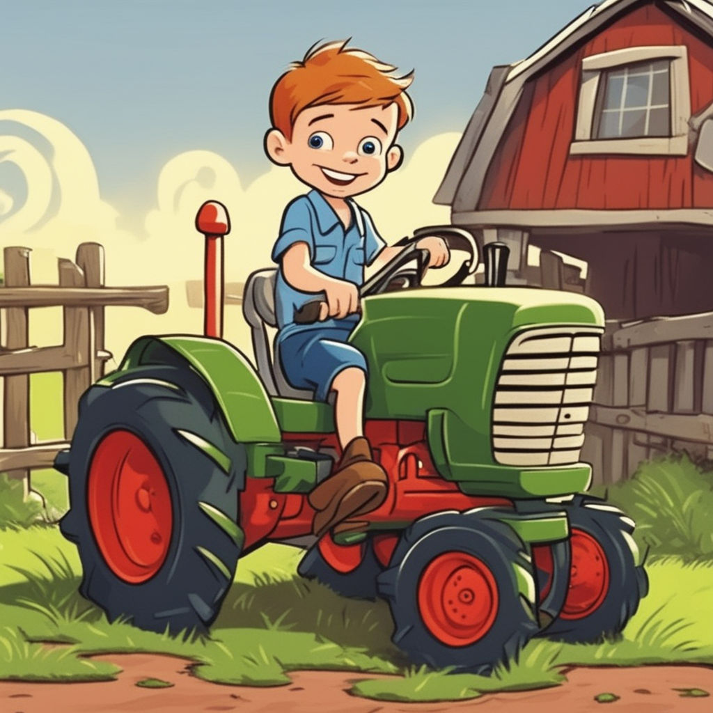 Cartoon ant driving a tractor with same size wheels on Craiyon