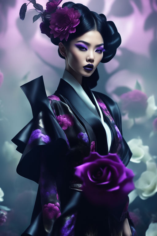 dressed in a black-purple kimono with moon-shaped white accents