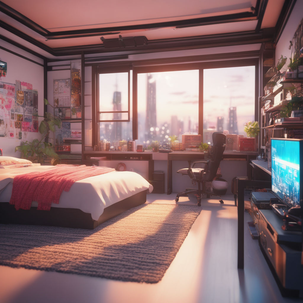 Interior of cluttered, chaotic apartment in matte blue tone. Anime cartoon  style illustration with a messy bedroom in an asian themed art. Sci-fi  untidy interior space with character. Generative AI Stock Illustration |