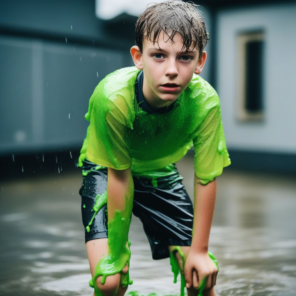 9 years old girl wearing a light blue spandex bikini in a basement. we see  her nice body. dress is falling apart. athletic. menacing hand over her  head. - Playground