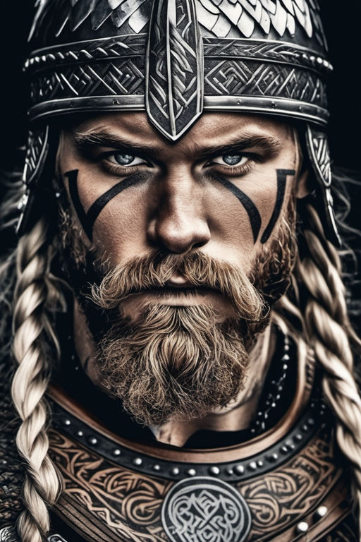 Strong Viking man with bright colored war paint - Playground