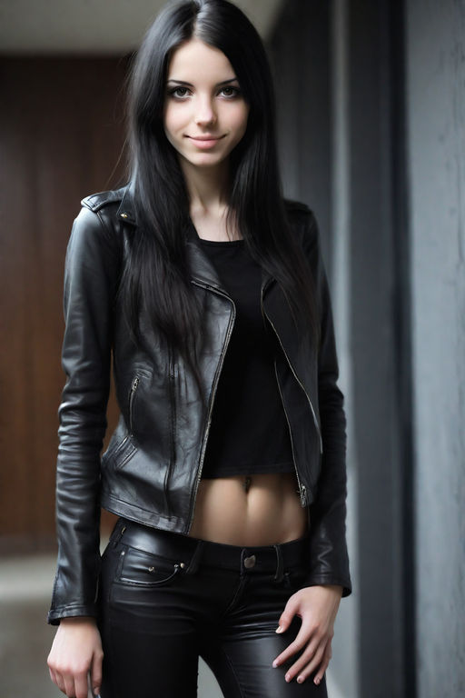 20 years old toned girl wearing black old leather pants - Playground